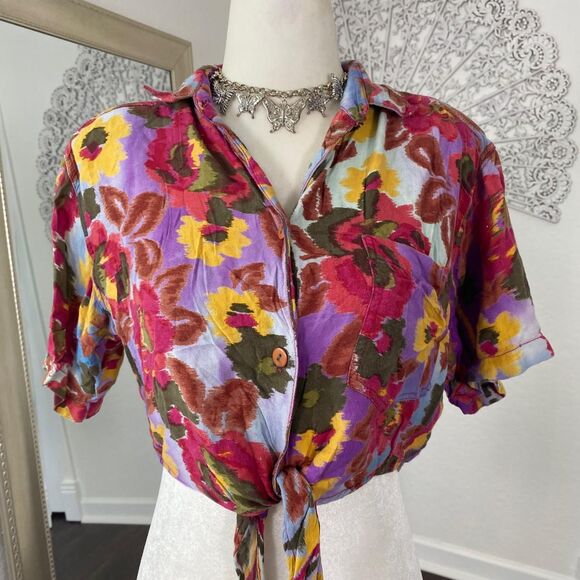 Vintage 90s 1991 Colorful Boho Hippie Floral Flower Front Tie Crop Top Blouse S - Picture 2 of 7
